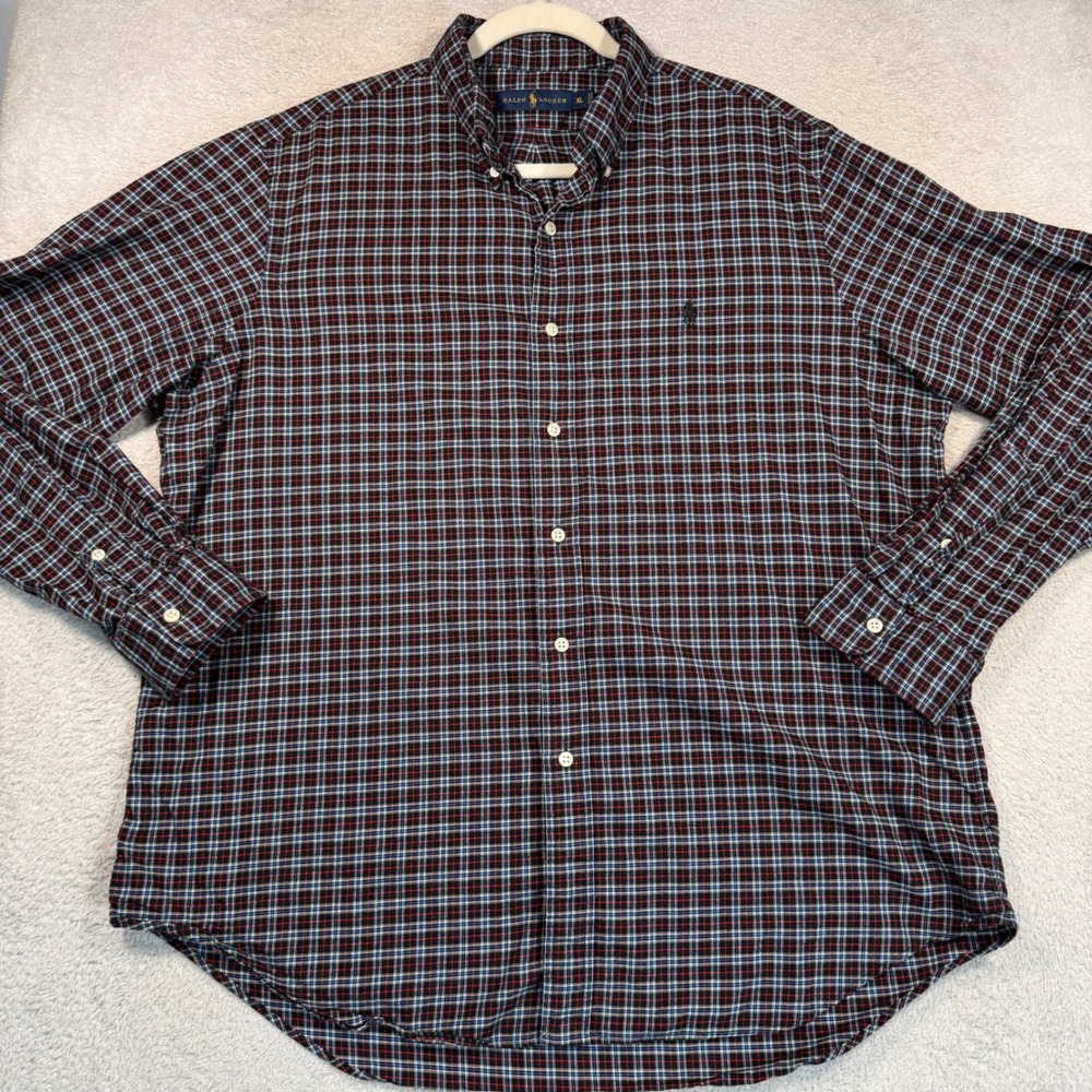 Ralph Lauren Button Down Men XL Navy Red Plaid Lightweight Flannel Shirt